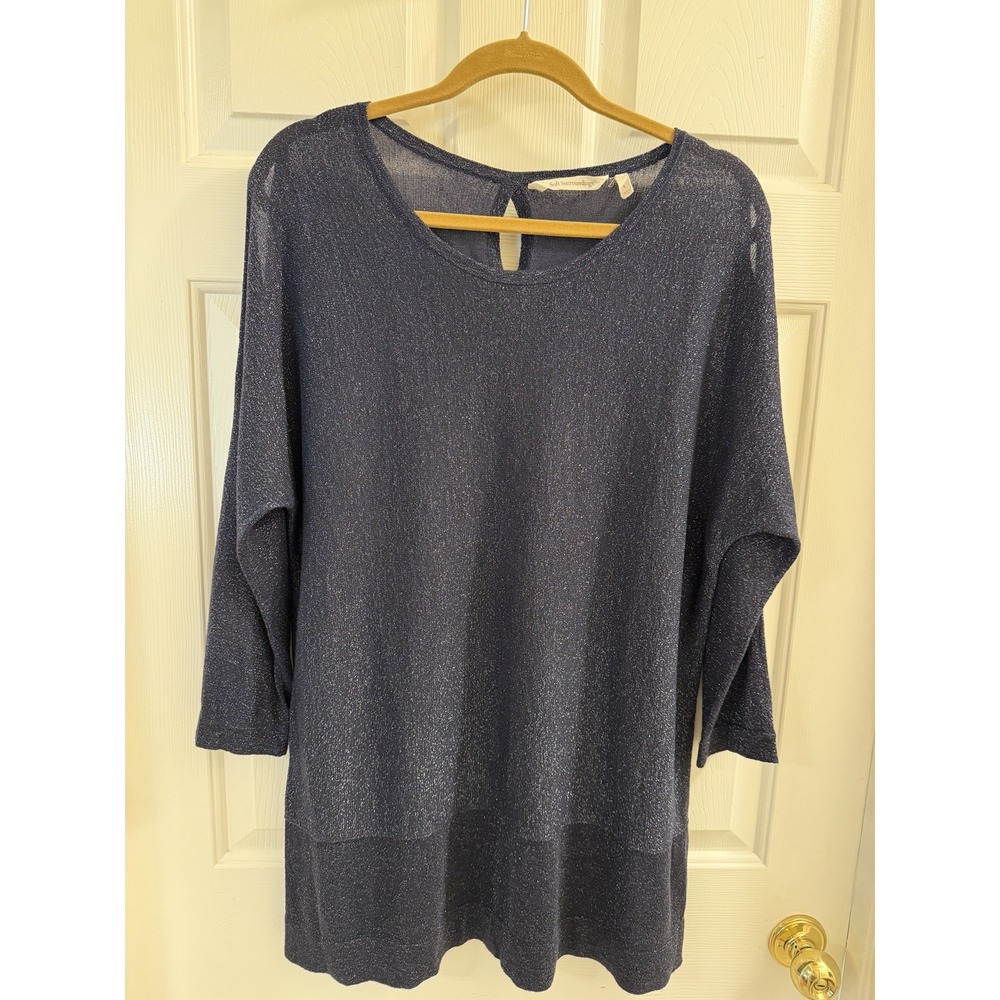 Soft Surroundings Women's L Metallic Knit Tunic Keyhole Pullover Top Navy